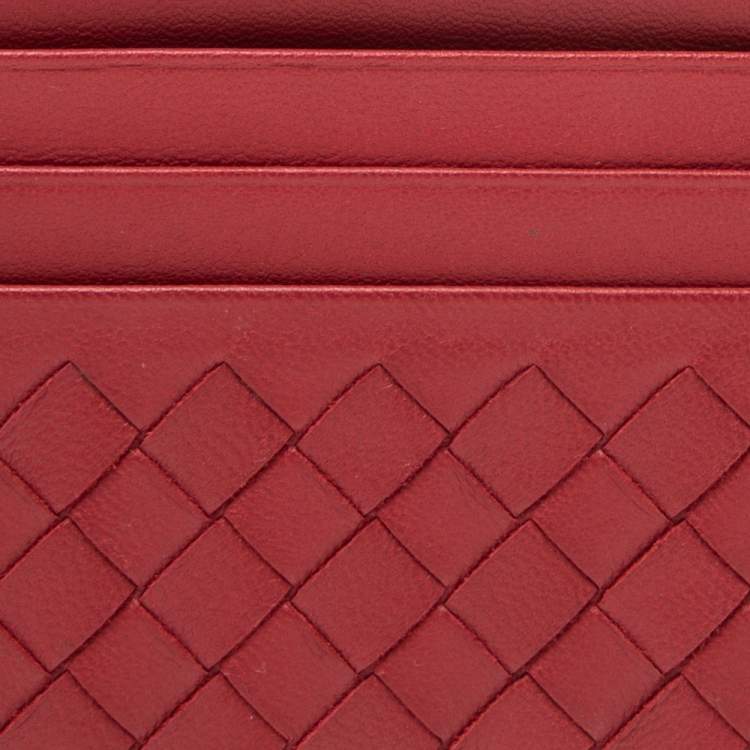 Pre Owned Bottega Veneta Red Intrecciato Leather Zip Card Holder