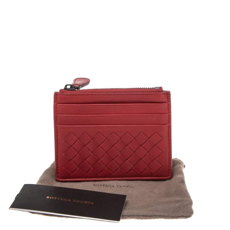 Pre Owned Bottega Veneta Red Intrecciato Leather Zip Card Holder