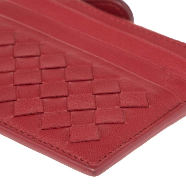 Pre Owned Bottega Veneta Red Intrecciato Leather Zip Card Holder