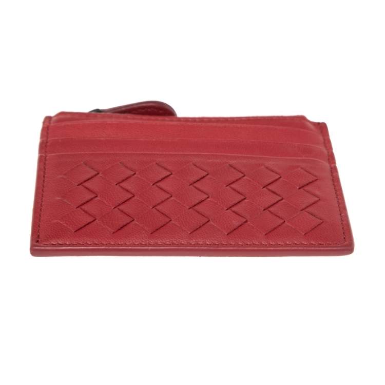 Pre Owned Bottega Veneta Red Intrecciato Leather Zip Card Holder