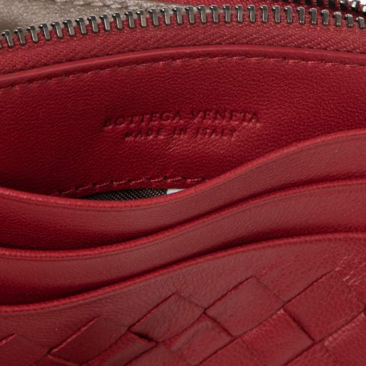 Pre Owned Bottega Veneta Red Intrecciato Leather Zip Card Holder