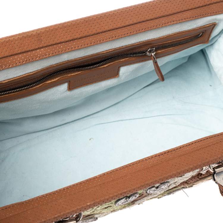 Pre Owned Bottega Veneta Brown Perforated Intrecciato Leather Embroidered Satchel