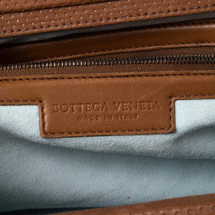 Pre Owned Bottega Veneta Brown Perforated Intrecciato Leather Embroidered Satchel
