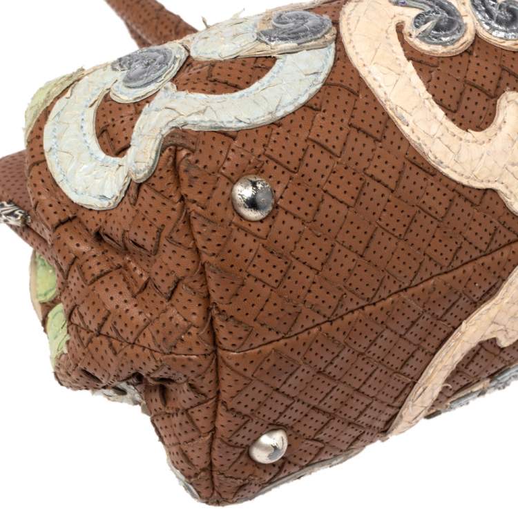 Pre Owned Bottega Veneta Brown Perforated Intrecciato Leather Embroidered Satchel