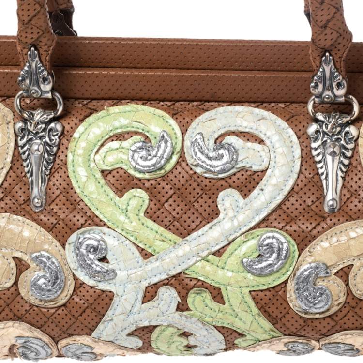 Pre Owned Bottega Veneta Brown Perforated Intrecciato Leather Embroidered Satchel