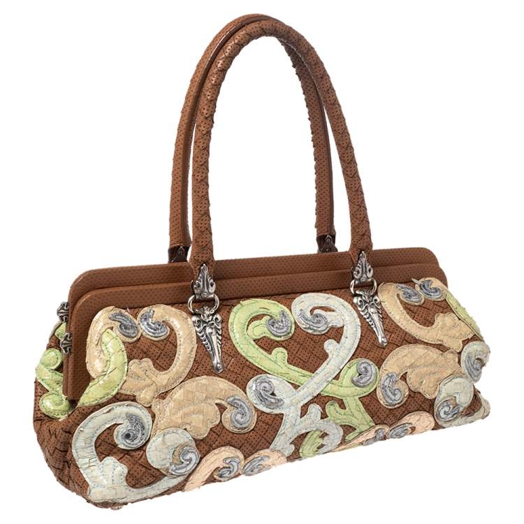 Pre Owned Bottega Veneta Brown Perforated Intrecciato Leather Embroidered Satchel