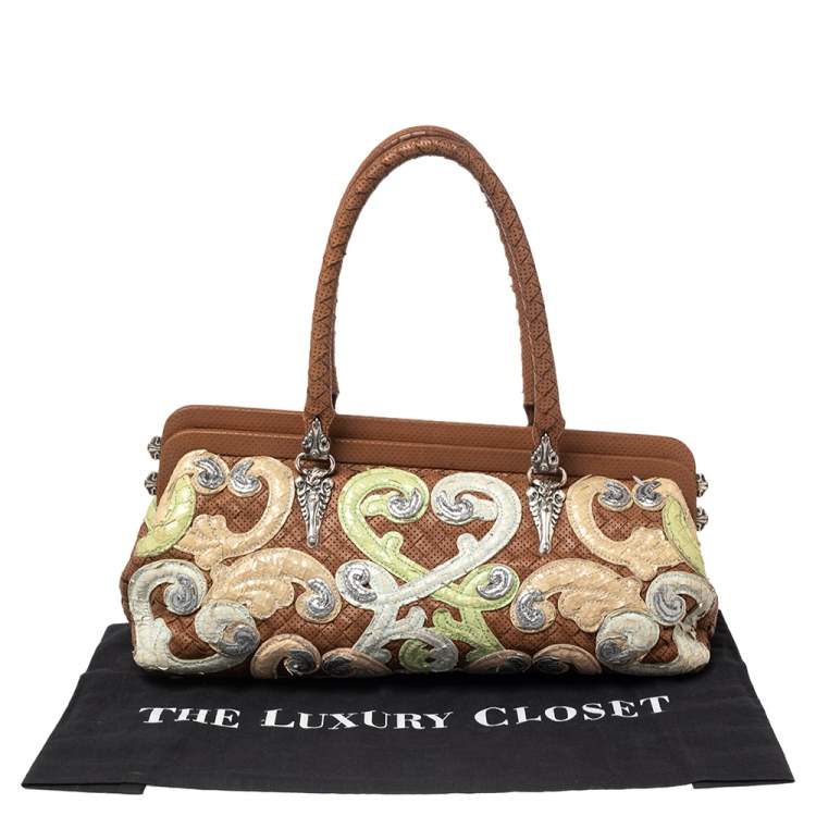 Pre Owned Bottega Veneta Brown Perforated Intrecciato Leather Embroidered Satchel