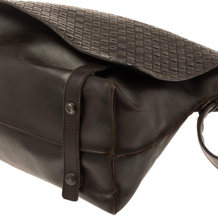 Pre Owned Bottega Veneta Brown Leather Intrecciato Messenger Bag