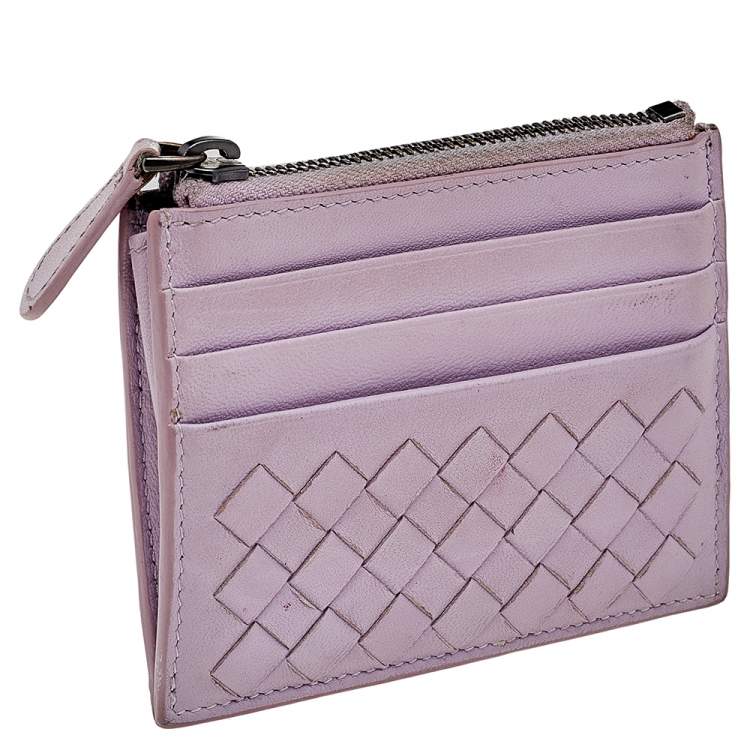 Pre Owned Bottega Veneta Lilac Intrecciato Leather Zip Card Holder