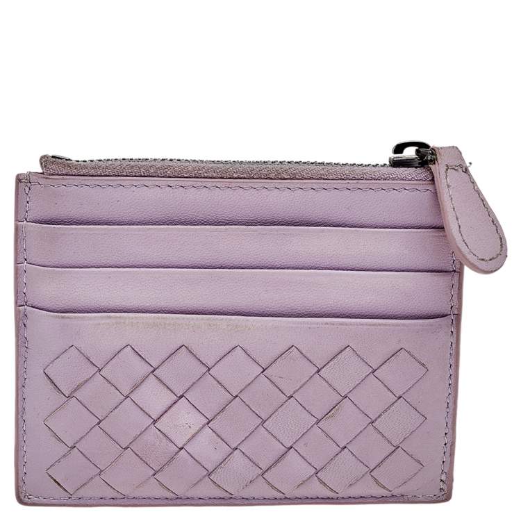Pre Owned Bottega Veneta Lilac Intrecciato Leather Zip Card Holder