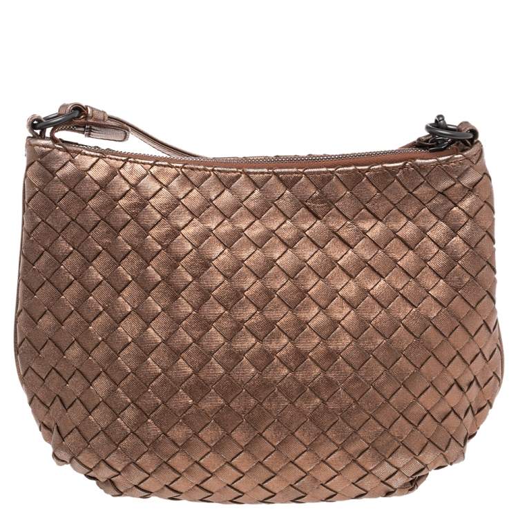 Pre Owned Bottega Veneta Metallic Bronze Intrecciato Leather Shoulder Bag