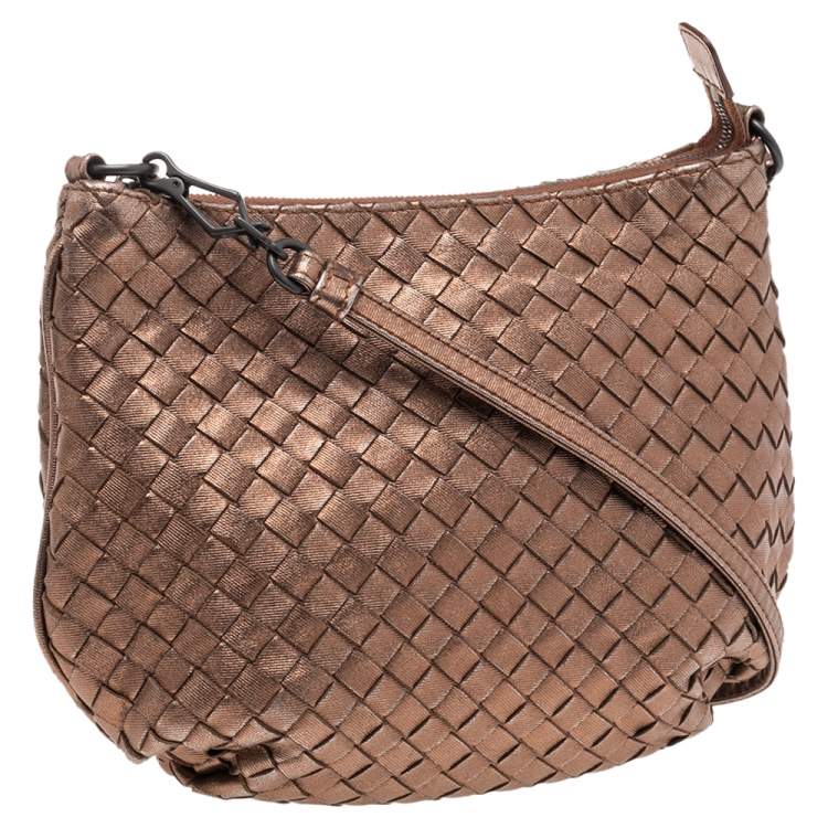 Pre Owned Bottega Veneta Metallic Bronze Intrecciato Leather Shoulder Bag