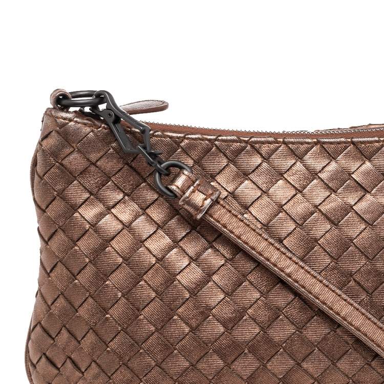 Pre Owned Bottega Veneta Metallic Bronze Intrecciato Leather Shoulder Bag