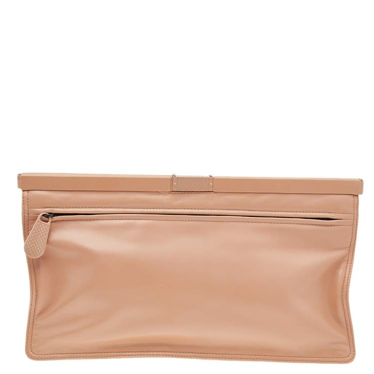 Pre Owned Bottega Veneta Beige Leather Oversized Clutch