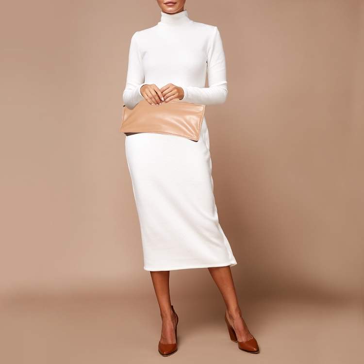Pre Owned Bottega Veneta Beige Leather Oversized Clutch