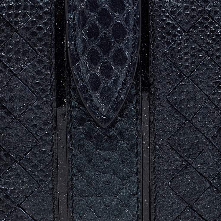 Pre Owned Bottega Veneta Metallic Blue Intrecciato Karung and Python Compact Wallet