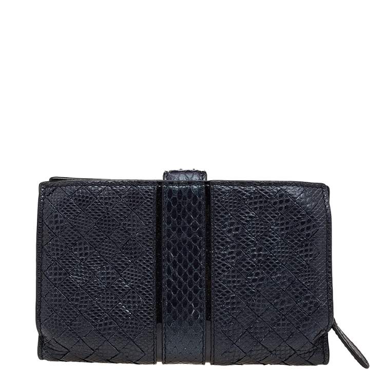 Pre Owned Bottega Veneta Metallic Blue Intrecciato Karung and Python Compact Wallet
