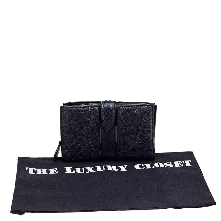 Pre Owned Bottega Veneta Metallic Blue Intrecciato Karung and Python Compact Wallet