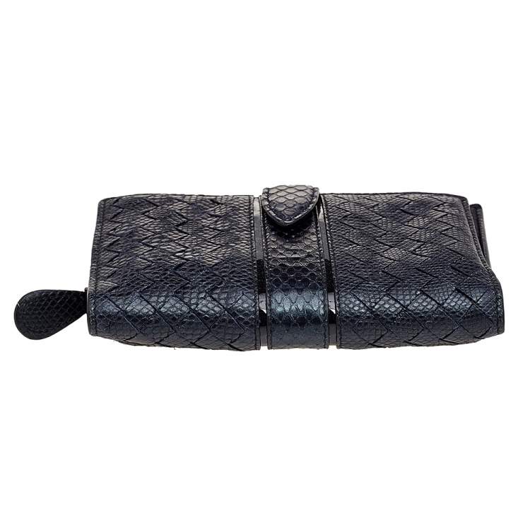 Pre Owned Bottega Veneta Metallic Blue Intrecciato Karung and Python Compact Wallet