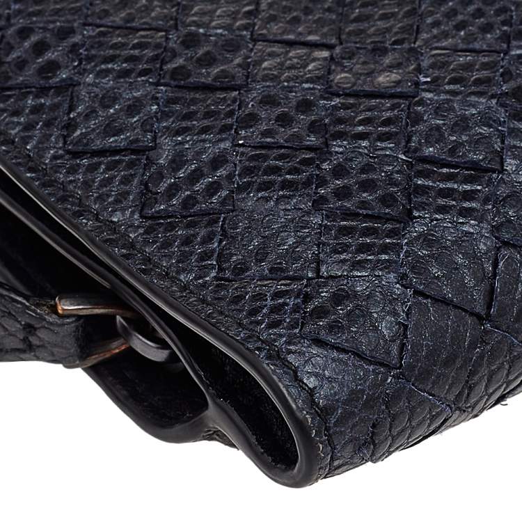 Pre Owned Bottega Veneta Metallic Blue Intrecciato Karung and Python Compact Wallet