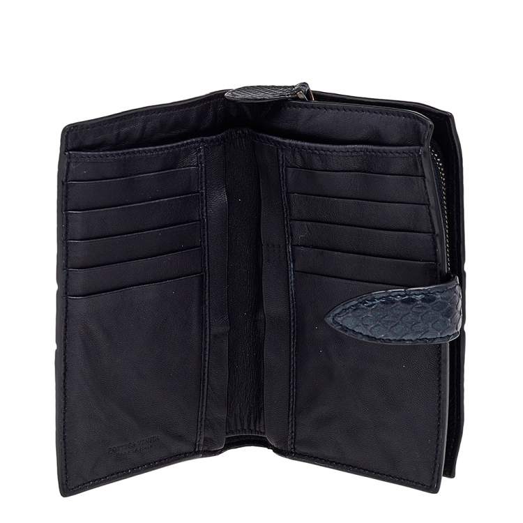 Pre Owned Bottega Veneta Metallic Blue Intrecciato Karung and Python Compact Wallet