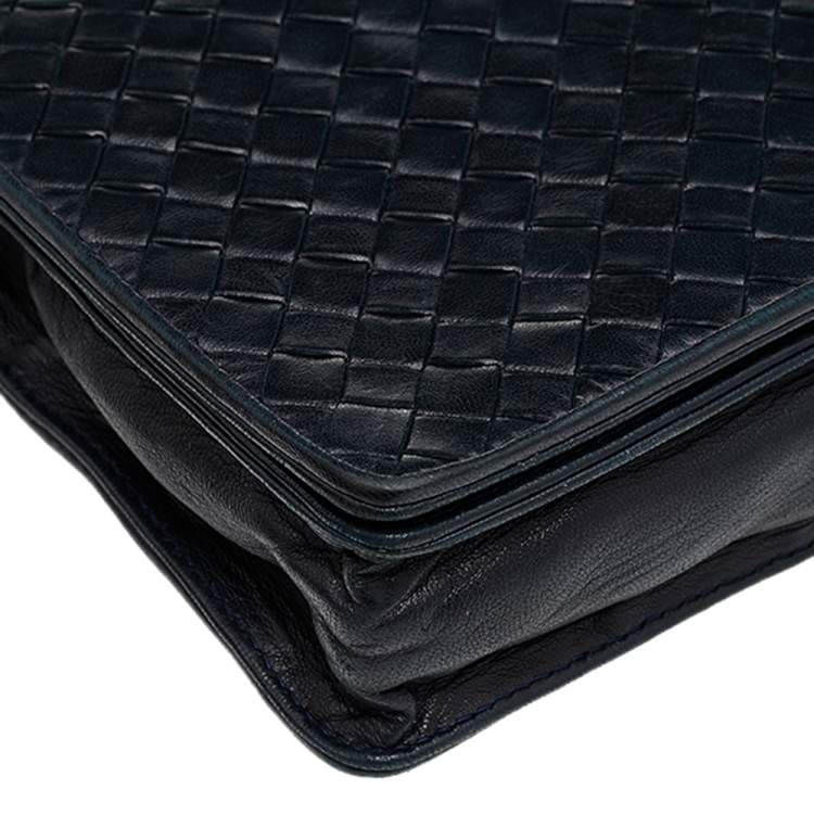 Pre Owned Bottega Veneta Navy Blue Intrecciato Leather Shoulder Bag