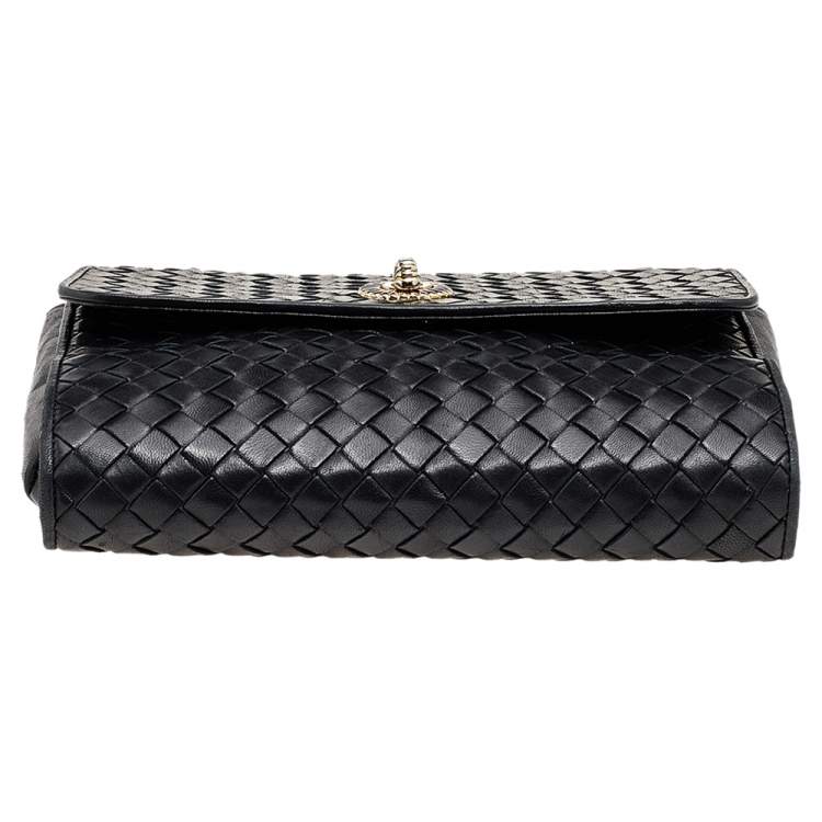 Pre Owned Bottega Veneta Black Intrecciato Leather Flap Chain Shoulder Bag