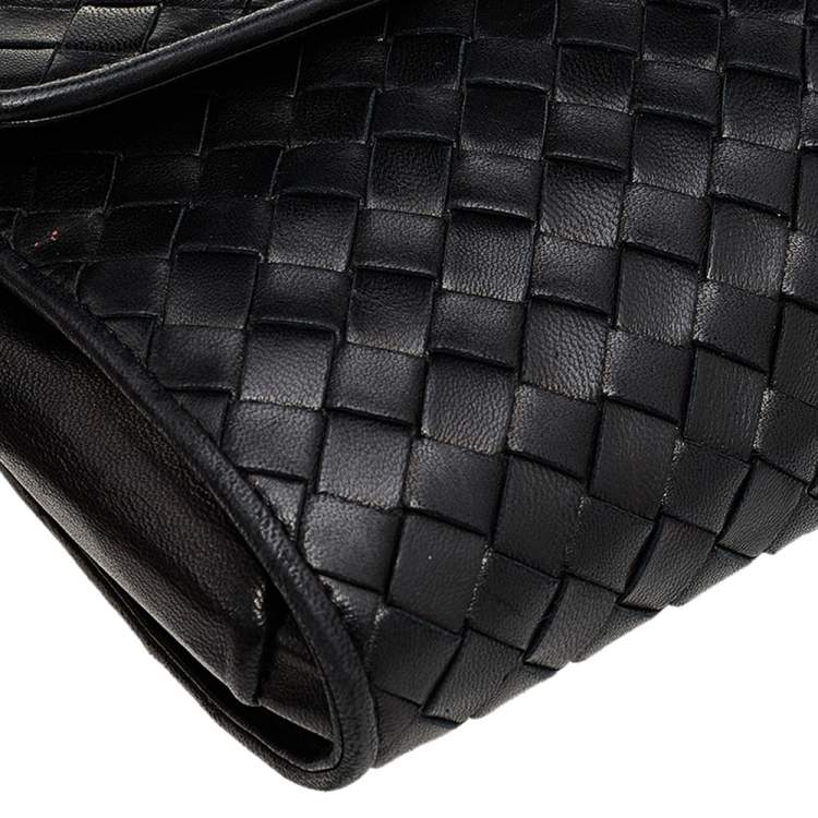 Pre Owned Bottega Veneta Black Intrecciato Leather Flap Chain Shoulder Bag