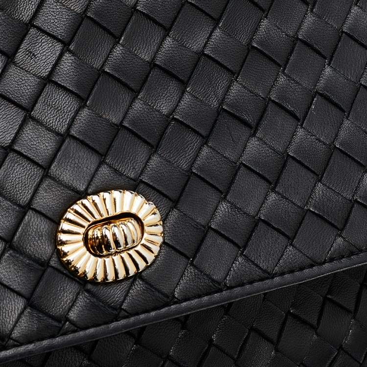 Pre Owned Bottega Veneta Black Intrecciato Leather Flap Chain Shoulder Bag