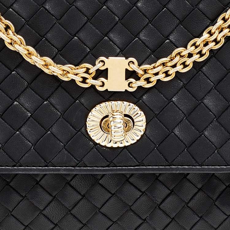 Pre Owned Bottega Veneta Black Intrecciato Leather Flap Chain Shoulder Bag