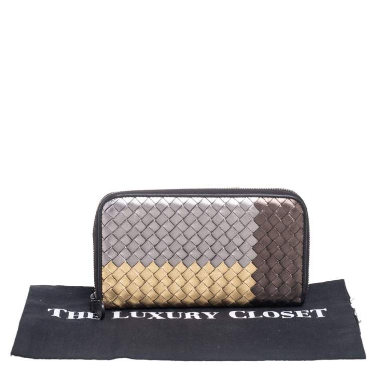 Pre Owned Bottega Veneta Multicolor Metallic Intrecciato Leather Zip Around Wallet