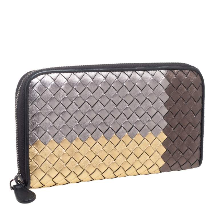 Pre Owned Bottega Veneta Multicolor Metallic Intrecciato Leather Zip Around Wallet