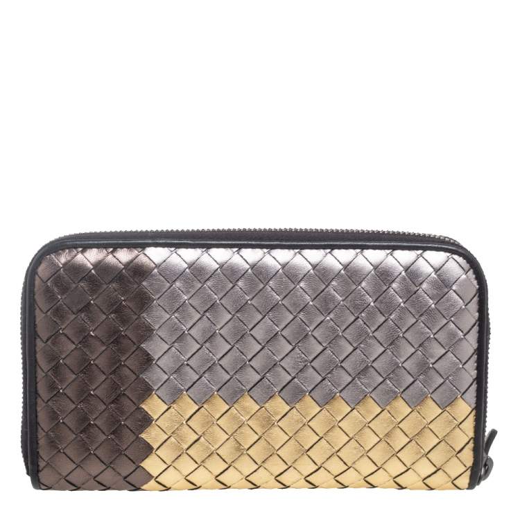 Pre Owned Bottega Veneta Multicolor Metallic Intrecciato Leather Zip Around Wallet