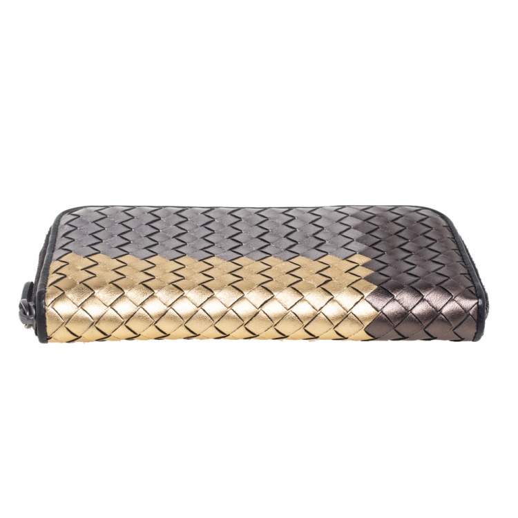 Pre Owned Bottega Veneta Multicolor Metallic Intrecciato Leather Zip Around Wallet