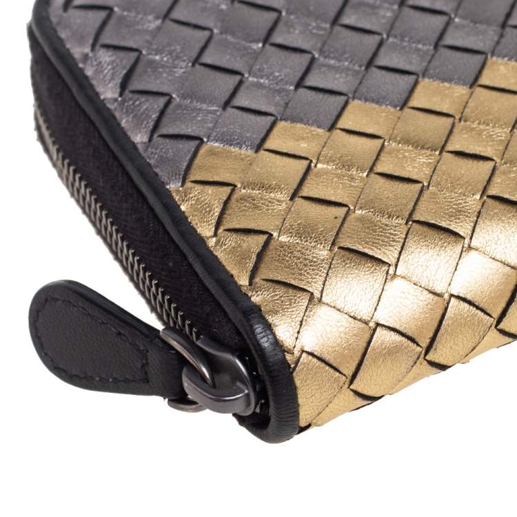 Pre Owned Bottega Veneta Multicolor Metallic Intrecciato Leather Zip Around Wallet
