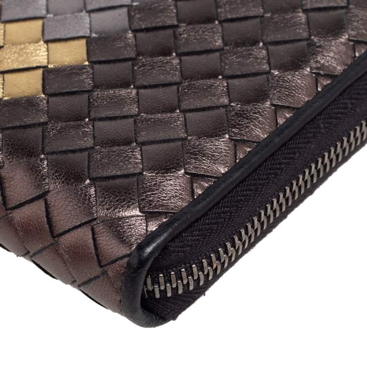 Pre Owned Bottega Veneta Multicolor Metallic Intrecciato Leather Zip Around Wallet
