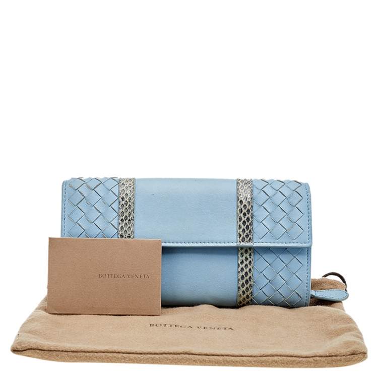 Pre Owned Bottega Veneta Powder Blue Intrecciato Leather and Snakeskin Trim Flap Continental Wallet