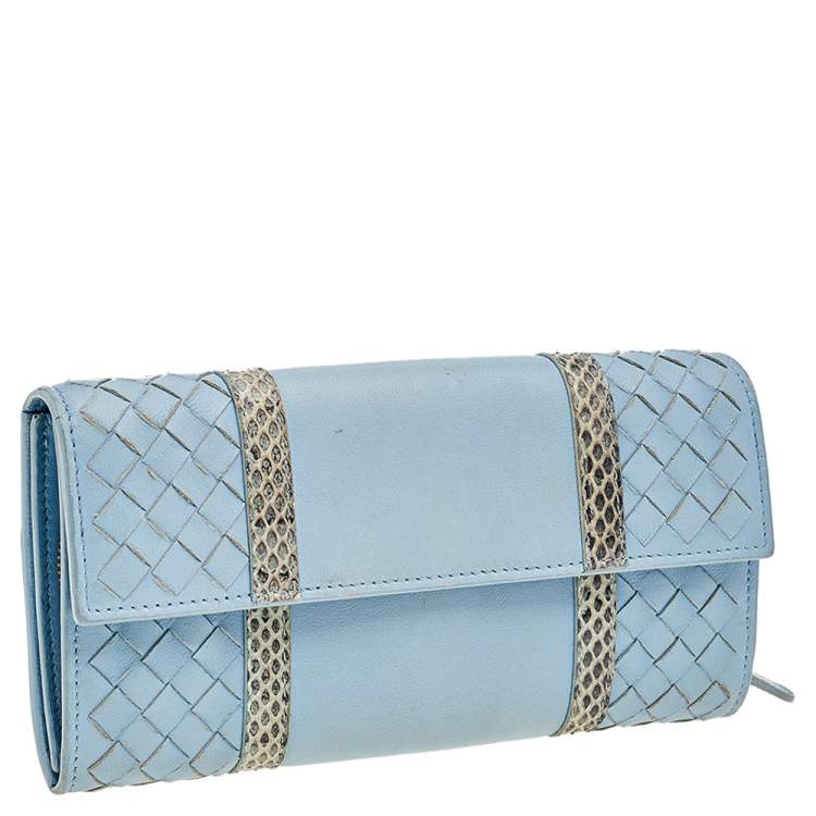 Pre Owned Bottega Veneta Powder Blue Intrecciato Leather and Snakeskin Trim Flap Continental Wallet