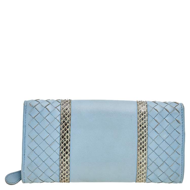 Pre Owned Bottega Veneta Powder Blue Intrecciato Leather and Snakeskin Trim Flap Continental Wallet
