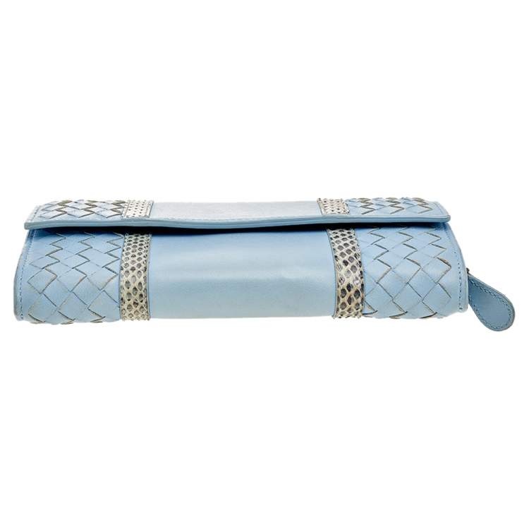 Pre Owned Bottega Veneta Powder Blue Intrecciato Leather and Snakeskin Trim Flap Continental Wallet