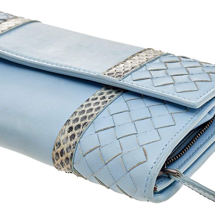 Pre Owned Bottega Veneta Powder Blue Intrecciato Leather and Snakeskin Trim Flap Continental Wallet
