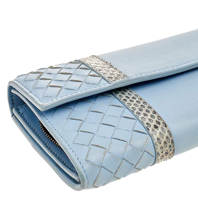 Pre Owned Bottega Veneta Powder Blue Intrecciato Leather and Snakeskin Trim Flap Continental Wallet