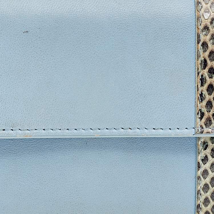 Pre Owned Bottega Veneta Powder Blue Intrecciato Leather and Snakeskin Trim Flap Continental Wallet