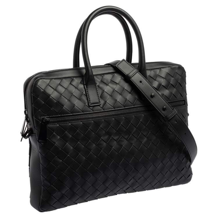 Pre Owned Bottega Veneta Black Intrecciato Leather Front Pocket Briefcase