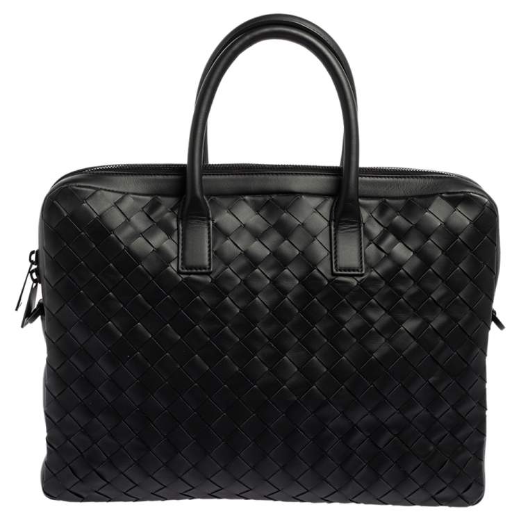 Pre Owned Bottega Veneta Black Intrecciato Leather Front Pocket Briefcase