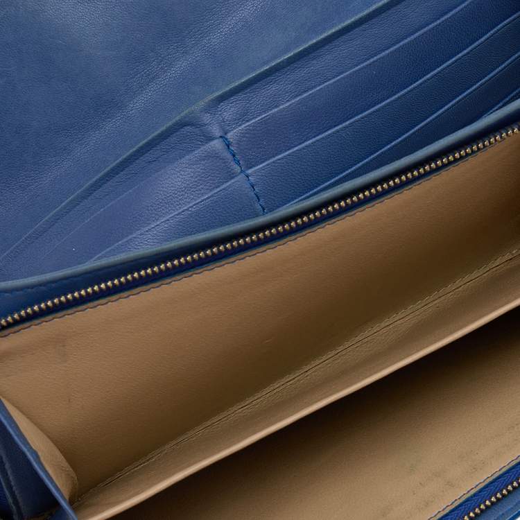 Pre Owned Bottega Veneta Blue Intrecciato Leather Continental Flap Wallet