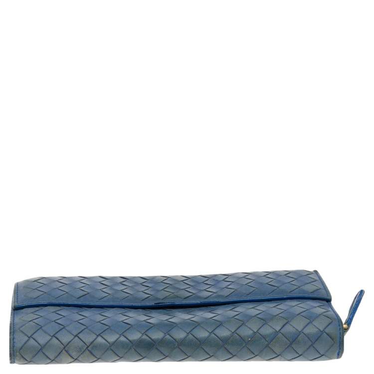 Pre Owned Bottega Veneta Blue Intrecciato Leather Continental Flap Wallet