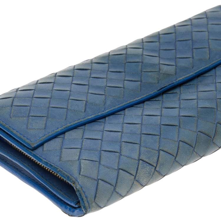 Pre Owned Bottega Veneta Blue Intrecciato Leather Continental Flap Wallet