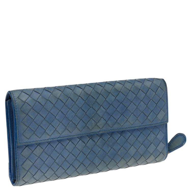 Pre Owned Bottega Veneta Blue Intrecciato Leather Continental Flap Wallet