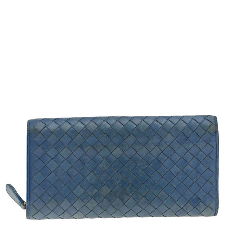 Pre Owned Bottega Veneta Blue Intrecciato Leather Continental Flap Wallet